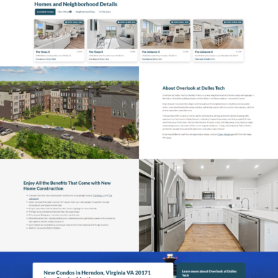 A detailed overview of a neighborhood featured on a real estate company's website. The page includes prominent highlights of the local area, such as notable schools and homes available for immediate occupancy. Visual elements may include maps, photographs of the neighborhood, and icons representing key amenities.